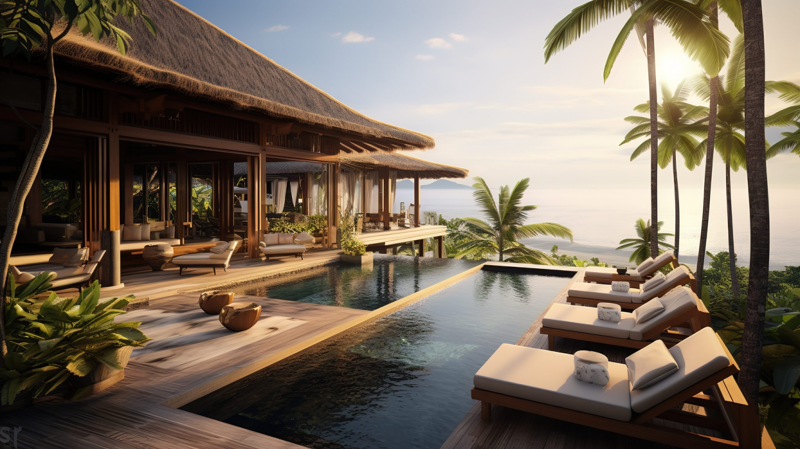 Picturesque Mauritian luxury property with beachfront pool view background
